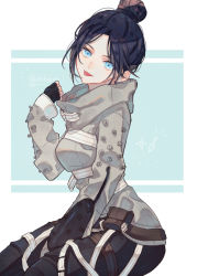 Rule 34 | 1girl, animification, apex legends, black gloves, black hair, black pants, blue eyes, breasts, fingerless gloves, gloves, grey jacket, hair bun, head tilt, highres, jacket, looking at viewer, medium breasts, nakaba (mode), official alternate costume, pants, parted bangs, simple background, single hair bun, solo, star (symbol), straitjacket, the liberator wraith, tongue, tongue out, twitter username, wraith (apex legends)