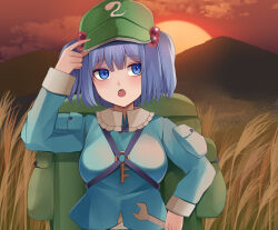 Rule 34 | 1girl, absurdres, backpack, bag, blue eyes, blue hair, blue shirt, blush, collared shirt, flat cap, green hat, hair bobbles, hair ornament, hat, highres, holding, holding wrench, kawashiro nitori, key, koizumo, long sleeves, open mouth, shirt, short hair, solo, touhou, two side up, upper body, wrench