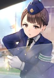 Rule 34 | 1girl, braid, breasts, brown eyes, brown hair, collared shirt, commentary request, gloves, hat, highres, jacket, knocking, large breasts, long sleeves, looking at viewer, mappaninatta, necktie, original, outdoors, parted lips, police, police uniform, policewoman, shirt, solo, standing, uniform, white gloves, white shirt, window