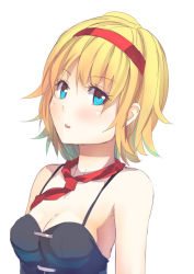 Rule 34 | 1girl, alice margatroid, bare shoulders, black dress, blonde hair, blue eyes, blush, breasts, cleavage, culter, dress, hairband, looking at viewer, necktie, short hair, simple background, sleeveless, solo, touhou, upper body, white background