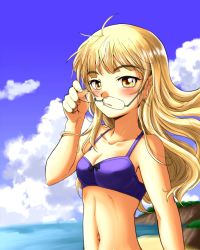 Rule 34 | 1girl, antenna hair, bikini, bikini top only, blonde hair, blush, breasts, cleavage, glasses, long hair, looking at viewer, midriff, navel, perrine h. clostermann, removing eyewear, small breasts, solo, strike witches, swimsuit, world witches series, yellow eyes, zatou (kirsakizato)