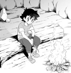 Rule 34 | 1boy, ash ketchum, black hair, black shorts, blouse, campfire, camping, creatures (company), depressed, djmn c, from above, game freak, greyscale, holding, holding stick, in tree, male focus, monochrome, nintendo, outdoors, pokemon, pokemon (anime), pokemon sm (anime), shirt, shoes, shorts, sitting, sitting in tree, smoke, sneakers, solo, spiked hair, stick, striped clothes, striped shirt, striped shorts, tagme, tree, z-ring