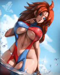 Rule 34 | 1girl, absurdres, android 21, artist name, bikini, blue eyes, blue nails, blue sky, breasts, brown hair, cleavage, clothing cutout, cloud, covered erect nipples, dragon ball, dragon ball fighterz, elite nappa, finger to mouth, hand up, highres, index finger raised, large breasts, long hair, looking at viewer, multicolored bikini, multicolored clothes, multicolored nails, multicolored swimsuit, nail polish, navel, covered erect nipples, parted lips, partially submerged, red nails, revealing clothes, sky, solo, solo focus, standing, stomach, string bikini, swimsuit, teeth, thick thighs, thighs, underboob, underboob cutout, water, wet