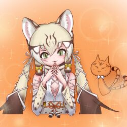 Rule 34 | 1girl, absurdres, animal ears, bow, bowtie, cat, cat ears, cat girl, equalarrow, extra ears, geoffroy&#039;s cat (kemono friends), green eyes, highres, kemono friends, kemono friends v project, long hair, looking at viewer, orange background, ribbon, shirt, simple background, skirt, twintails, upper body, virtual youtuber