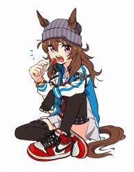 Rule 34 | 1girl, absurdres, air jordan, air jordan 1, animal ears, appleq, arm rest, beanie, brown hair, candy, collared jacket, commentary request, ears through headwear, fingerless gloves, food, full body, gloves, hand up, hat, headphones, headphones around neck, high collar, highres, holding, holding candy, holding food, holding lollipop, horse ears, horse girl, horse tail, jacket, knee up, lollipop, long hair, long sleeves, looking at viewer, microskirt, nakayama festa (umamusume), official alternate costume, open clothes, open jacket, open mouth, pink eyes, pleated skirt, shirt, shoes, simple background, single glove, sitting, skirt, solo, tail, thighhighs, umamusume