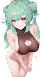 Rule 34 | 1girl, alternate breast size, armpit crease, bare arms, bare shoulders, black shirt, bottomless, breasts, cleavage, cleavage cutout, closed mouth, clothing cutout, commentary, convenient arm, covered collarbone, covered erect nipples, cowboy shot, crop top, double bun, finana ryugu, fins, fish girl, flower, green hair, groin, hair between eyes, hair bun, hair flower, hair ornament, head fins, heart, heart hands, highres, large breasts, light blush, long hair, looking at viewer, navel, nijisanji, nijisanji en, pearl hair ornament, pink flower, pink rose, purple eyes, rose, secon, shirt, sideboob, sidelocks, simple background, sleeveless, sleeveless shirt, smile, solo, standing, star (symbol), star hair ornament, stomach, tiara, v arms, virtual youtuber, white background