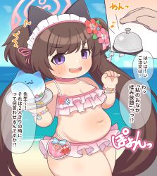 Rule 34 | 1girl, animal ears, beach, bikini, blue archive, blue sky, breasts, brown hair, chibi, commentary request, food, frilled bikini, frills, frost furosuto, halo, highres, long hair, maid headdress, medium breasts, navel, ocean, plump, purple eyes, shaved ice, shizuko (blue archive), shizuko (swimsuit) (blue archive), sky, stomach, swimsuit, thick thighs, thighs, translation request, twintails