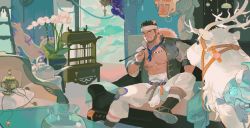 Rule 34 | 1boy, abs, alca (wakatanka4), animal, animal ears, atcesolcyc, bara, bare pectorals, beard, black hair, bull, chinese clothes, chinese zodiac, commission, facial hair, foot out of frame, headband, highres, holding, holding smoking pipe, jacket, large pectorals, lion boy, lion ears, male focus, mature male, muscular, muscular male, nipples, open clothes, open jacket, original, pants, pectorals, pelvic curtain, red eyes, second-party source, short hair, sideburns, smile, smoking pipe, solo, stomach, stubble, thick eyebrows, undercut, white pants, year of the ox