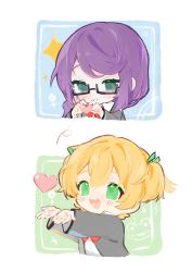 Rule 34 | 2girls, :d, black-framed eyewear, blonde hair, blue background, blush, bow, bowtie, catching, chibi, closed mouth, collared shirt, commentary, cropped torso, daiba nana, flower (symbol), glasses, green background, green eyes, green ribbon, grey jacket, hair between eyes, hair ribbon, hands up, heart, heart hands, highres, hoshimi junna, ine (limokiwi), jacket, long hair, long sleeves, looking at object, motion lines, multicolored background, multiple girls, open clothes, open hand, open jacket, open mouth, outstretched arms, purple hair, red bow, red neckwear, ribbon, school uniform, seishou music academy uniform, semi-rimless eyewear, shirt, short hair, short twintails, shoujo kageki revue starlight, sidelocks, smile, sparkle, swept bangs, symbol-only commentary, teeth, twintails, under-rim eyewear, upper body, upper teeth only, white background, white shirt, yuri