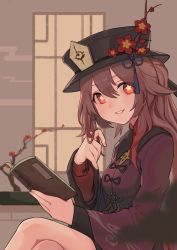 Rule 34 | 1girl, black hat, book, brown hair, chinese hat, crossed legs, flower, flower-shaped pupils, genshin impact, hair flaps, hat, holding, holding book, hu tao (genshin impact), long hair, long sleeves, looking at viewer, plum blossoms, red eyes, sitting, smile, solo, symbol-shaped pupils, twintails, very long hair, waxgroud, wide sleeves