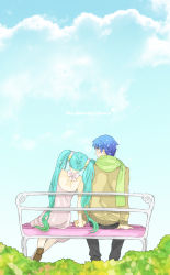 Rule 34 | 1boy, 1girl, aqua hair, bad id, bad pixiv id, bare shoulders, bench, blue eyes, couple, from behind, green scarf, holding hands, hatsune miku, hetero, kaito (vocaloid), long hair, orionme, scarf, short hair, sitting, twintails, vocaloid, wani (mezo)