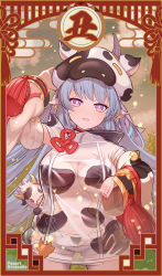 Rule 34 | 1girl, animal ears, animal print, arm up, blue hair, breasts, catura (granblue fantasy), clothing request, commentary request, cow ears, cow girl, cow hat, cow print, cowboy shot, detached sleeves, dress, ear piercing, earrings, granblue fantasy, hand up, highres, jewelry, large breasts, long hair, long sleeves, looking at viewer, open fly, open mouth, piercing, purple eyes, rasneko, see-through, see-through dress, short shorts, shorts, smile, solo, standing, tail, thick eyebrows, twitter username, white shorts