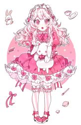 Rule 34 | 1girl, bad id, bad pixiv id, comb, cup, full body, headdress, lolita fashion, long hair, looking at viewer, mary janes, monochrome, open mouth, original, pink eyes, pink hair, pink theme, piyo (ppotatto), saucer, shoes, solo, stuffed animal, stuffed rabbit, stuffed toy, sweet lolita, teacup, teeth, thighhighs