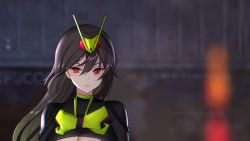 Rule 34 | 1girl, ateoyh, bad id, bad pixiv id, black hair, breasts, cleavage, commentary, highres, kamen rider, kamen rider 01, kamen rider 01 (series), kamen rider zero-one, long hair, looking at viewer, red eyes, rising hopper, solo, upper body