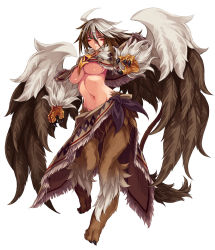 Rule 34 | &gt;:(, 1girl, ahoge, animal hands, breasts, brown hair, capelet, claws, digitigrade, facial mark, feathered wings, frown, full body, fur, griffin, griffon (monster girl encyclopedia), highres, kenkou cross, large breasts, looking at viewer, monster girl, monster girl encyclopedia, monster girl encyclopedia ii, multicolored hair, navel, official art, serious, simple background, solo, stomach, tail, two-tone hair, underboob, v-shaped eyebrows, waist cape, white background, white hair, wings