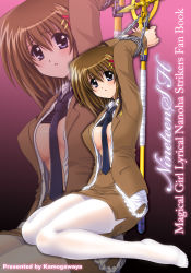 Rule 34 | 00s, 1girl, arms up, bdsm, blue eyes, bondage, bound, breasts, brown hair, business suit, chain, clothes lift, cover, cover page, feet, formal, hair ornament, hairclip, kamogawa tanuki, large breasts, lyrical nanoha, mahou shoujo lyrical nanoha, mahou shoujo lyrical nanoha strikers, miniskirt, necktie, open clothes, open shirt, pantyhose, pencil skirt, schwertkreuz, shirt, shirt lift, short hair, skirt, solo, staff, suit, uniform, white pantyhose, yagami hayate, zoom layer