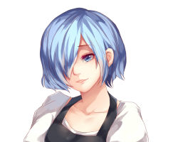 Rule 34 | 1girl, apron, black apron, blue hair, collarbone, commentary request, g4265059, hair over one eye, head tilt, kirishima touka, looking at viewer, one eye covered, parted lips, shirt, short hair, simple background, smile, solo, tokyo ghoul, tokyo ghoul:re, white background, white shirt