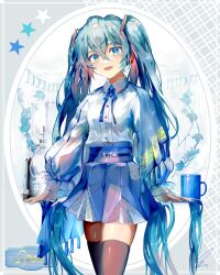 Rule 34 | 1girl, :d, black skirt, blue bow, blue eyes, blue hair, blue skirt, bow, breasts, collared shirt, commentary request, cup, dress shirt, grey background, hair between eyes, hatsune miku, highres, long hair, long sleeves, looking at viewer, mug, open mouth, pleated skirt, puffy long sleeves, puffy sleeves, saihate (d3), shirt, skindentation, skirt, small breasts, smile, solo, star (symbol), twintails, very long hair, vocaloid, white background, white shirt