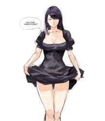 Rule 34 | 1girl, black dress, breasts, cleavage, clothes lift, dress, dress lift, english text, feet out of frame, highres, kamishiro rize, large breasts, long hair, looking at viewer, puffy short sleeves, puffy sleeves, red eyes, short sleeves, simple background, smile, solo, speech bubble, tokyo ghoul, white background, yourfreakyneighbourh