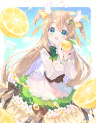 Rule 34 | 1girl, :d, absurdres, blonde hair, blue eyes, blush, bow, brown bow, cloud, commentary request, commission, day, eyelashes, flower, food, frills, fruit, green skirt, hair ornament, hairclip, highres, hinase yuzu, holding, holding food, holding fruit, indie virtual youtuber, jamu, long hair, long sleeves, looking at viewer, name connection, open mouth, outdoors, skeb commission, skirt, sky, smile, solo, two side up, virtual youtuber, white flower, yuzu (fruit)