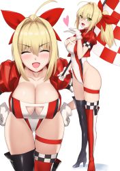 Rule 34 | 1girl, akatsuki ikki, asymmetrical legwear, black thighhighs, boots, breasts, checkered flag, cleavage, commentary request, fate/grand order, fate (series), flag, hair intakes, high heels, highres, hip focus, large breasts, leaning forward, leotard, long hair, looking at viewer, multicolored clothes, multicolored legwear, multiple views, nero claudius (fate), nero claudius (fate) (all), nero claudius (fate/extra), official alternate costume, ponytail, race queen, red thighhighs, simple background, skindentation, smile, thigh boots, thigh gap, thigh strap, thighhighs, thighs, uneven legwear, white background, white thighhighs
