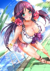 Rule 34 | 10s, 1girl, :o, ankle lace-up, bent over, bikini, blue eyes, breasts, cleavage, cross-laced footwear, dutch angle, flower, frilled bikini, frills, hair flower, hair ornament, hibiscus, huge breasts, lens flare, long hair, looking at viewer, love live!, love live! school idol festival, love live! school idol project, minamon (vittel221), pool, pool ladder, poolside, purple hair, solo, sunlight, swimsuit, tile floor, tiles, tojo nozomi, twintails, very long hair, water, wet, white bikini