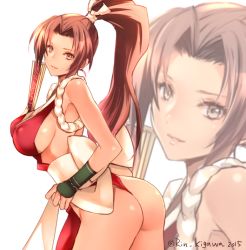 Rule 34 | 10s, 1girl, 2015, ass, bare shoulders, bent over, breasts, brown eyes, brown hair, folded fan, dress, covered erect nipples, hand fan, fatal fury, female focus, folding fan, hair ribbon, high ponytail, holding, holding fan, kigawa rin, large breasts, long hair, looking at viewer, looking back, pelvic curtain, ponytail, red dress, revealing clothes, ribbon, rope, sash, shimenawa, shiranui mai, simple background, snk, solo, the king of fighters, twitter username, white background, white ribbon, zoom layer
