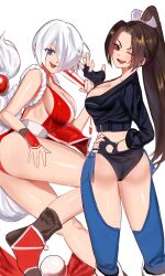 Rule 34 | 2girls, angel (kof), ass, black gloves, blue eyes, breasts, brown eyes, brown hair, cleavage, cosplay, costume switch, fatal fury, female focus, fingerless gloves, gloves, hair over one eye, highres, large breasts, long hair, looking at viewer, multiple girls, one eye closed, open mouth, ponytail, shiranui mai, short hair, smile, standing, the king of fighters, tongue, white hair, wink