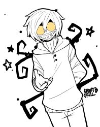 Rule 34 | 1boy, arm behind back, creepypasta, doodle, goggles, highres, iamghostskull, mask, monochrome, sketch, star (symbol), starry background, tentacles, thick outlines, ticci toby, watermark