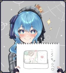 Rule 34 | 1girl, absurdres, bento, blue eyes, blue hair, blue nails, blush, crown, drawing, fingernails, gloves, grey hat, hair between eyes, hair ribbon, hat, heart, highres, holding, holding drawing, hololive, hoshimachi suisei, hoshimachi suisei (1st costume), light blue hair, long hair, looking at viewer, nail polish, neon luminous, partially fingerless gloves, plaid, ribbon, side ponytail, smile, solo, sparkling eyes, star (symbol), symbol in eye, translated, upper body, virtual youtuber