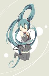 Rule 34 | 1girl, aqua hair, boots, detached sleeves, closed eyes, hatsune miku, kneeling, kugi (up down), long hair, necktie, skirt, solo, thigh boots, thighhighs, treble clef, twintails, very long hair, vocaloid