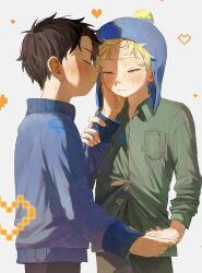 2boys beanie black_hair blonde_hair blue_hat blue_jacket blush closed_eyes closed_mouth commentary craig_tucker green_shirt grey_background hand_on_another&#039;s_cheek hand_on_another&#039;s_face hat heart highres holding_hands jacket long_sleeves male_focus multiple_boys oniwa_028 pom_pom_(clothes) pom_pom_beanie shirt simple_background south_park sweat symbol-only_commentary tweek_tweak yaoi