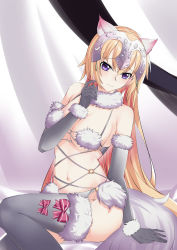 Rule 34 | 1girl, absurdres, blonde hair, breasts, cleavage, closed mouth, cosplay, elbow gloves, fate/apocrypha, fate/grand order, fate (series), fur-trimmed gloves, fur-trimmed legwear, fur trim, gloves, grey gloves, grey thighhighs, hair between eyes, highres, jeanne d&#039;arc (fate), jeanne d&#039;arc (ruler) (fate), leticia, long hair, mash kyrielight, mash kyrielight (dangerous beast), mash kyrielight (dangerous beast) (cosplay), medium breasts, official alternate costume, panties, purple eyes, sideboob, sitting, solo, thighhighs, underboob, underwear, very long hair, white panties
