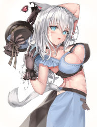 Rule 34 | 1girl, :o, absurdres, animal ears, armpits, arms behind head, warrior of light (ff14), black bow, blue eyes, blush, bow, breasts, cat ears, cat tail, cleavage, cleavage cutout, clothing cutout, collarbone, crop top, fang, fang out, feathers, final fantasy, final fantasy xiv, frill trim, frills, gloves, half gloves, hat, highres, l.j., lace, lace gloves, large breasts, long hair, long skirt, looking at viewer, mini hat, mini top hat, miqo&#039;te, open mouth, simple background, skin fang, skirt, sleeveless, solo, tail, tail through clothes, top hat, twisted torso, two-tone skirt, white background, white hair