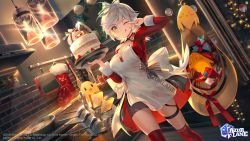 Rule 34 | ;p, absurdres, alternate costume, apron, azur lane, blush, bread slice, breasts, cake, cannon, character name, christmas, cleavage, commission, dutch angle, fish hair ornament, food, frying pan, gascogne (azur lane), georgia (azur lane), grey eyes, grey hair, hair ornament, hair ribbon, head tilt, highres, holding, holding plate, huge filesize, indoors, janyhero, kitchen, large breasts, lights, logo, looking at viewer, manjuu (azur lane), night, one eye closed, pancake, plate, ribbon, rigging, seattle (azur lane), seattle (christmas party prep) (azur lane), short hair, solo, thighhighs, toast, tongue, tongue out
