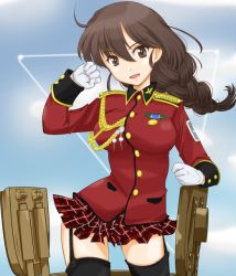 Rule 34 | 1girl, adapted costume, aiguillette, arm support, award ribbon, black thighhighs, braid, brown eyes, brown hair, commentary request, cowboy shot, epaulettes, formal, garter straps, girls und panzer, gloves, head tilt, idol, insignia, jacket, long hair, long sleeves, looking at viewer, miniskirt, open mouth, patch, plaid, plaid skirt, red jacket, red shirt, rukuriri (girls und panzer), rukuriritea, shirt, single braid, skirt, smile, solo, standing, tank cupola, thighhighs, white gloves, wind