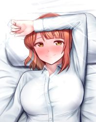 Rule 34 | 1girl, arm on own head, artist name, artist request, bed, blush, braid, braided bun, breasts, buttons, close-up, collared shirt, embarrassed, female focus, green eyes, hair bun, highres, kutabe, large breasts, long sleeves, looking at viewer, love live!, love live! nijigasaki high school idol club, lying, nail, nail polish, nose blush, on back, on bed, on pillow, orange hair, parted lips, pillow, pink nails, red hair, shirt, short hair, side bun, single side bun, smile, solo, uehara ayumu, white shirt, wing collar, yellow eyes