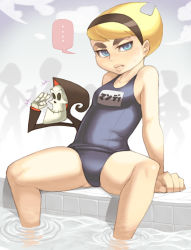 Rule 34 | ..., 1boy, 1girl, bad id, bad pixiv id, bare shoulders, blonde hair, blue eyes, breasts, cartoon network, closed mouth, death (entity), flat chest, grim (grim adventures), hairband, leaning, leaning back, lips, mandy (billy &amp; mandy), mandy (grim adventures), maou alba, one-piece swimsuit, partially submerged, pool, poolside, school swimsuit, short hair, sitting, spiked hair, spread legs, sweatdrop, swimsuit, the grim adventures of billy &amp; mandy, water