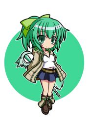 Rule 34 | 1girl, bad id, bad pixiv id, breasts, chibi, cleavage, duel monster, green eyes, green hair, jacket, long hair, looking at viewer, matching hair/eyes, midriff, navel, ponytail, skirt, smile, solo, staff, transparent background, wynn (yu-gi-oh!), wynn the wind charmer, yu-gi-oh!, yu-gi-oh! duel monsters