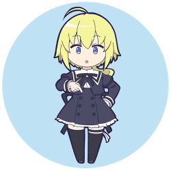 Rule 34 | 1girl, :o, ahoge, amano soraha, assault lily, black ribbon, black skirt, black thighhighs, blonde hair, blue background, blue eyes, brown footwear, buttons, chibi, commentary request, cropped jacket, frilled skirt, frills, full body, hand on own hip, hand up, high-waist skirt, index finger raised, juliet sleeves, leg ribbon, long hair, long sleeves, looking at viewer, low ponytail, lowres, masaki itsuki, miniskirt, neck ribbon, parted lips, ponytail, puffy sleeves, ribbon, round image, school uniform, shirt, shoes, sign language, simple background, skirt, solo, standing, thigh ribbon, thighhighs, transparent background, white ribbon, white shirt, yurigaoka girls academy school uniform, zettai ryouiki
