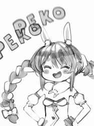 Rule 34 | 1girl, :d, animal ear fluff, animal ears, animated, braid, breasts, catchphrase, closed eyes, don-chan (usada pekora), facing viewer, greyscale, hands on own hips, hololive, laughing, looping animation, monochrome, nanashi (nlo), open mouth, puffy short sleeves, puffy sleeves, rabbit ears, rabbit girl, short sleeves, simple background, small breasts, smile, solo, twin braids, twintails, usada pekora, usada pekora (1st costume), video, virtual youtuber, white background