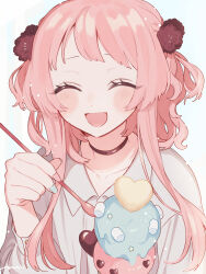 Rule 34 | 1girl, :d, ^ ^, black choker, blue nails, blush, candy, chocolate, chocolate heart, choker, closed eyes, collared shirt, facing viewer, food, hair ornament, happy, heart, highres, holding, holding spoon, ice cream, long hair, long sleeves, maco22, marshmallow, multicolored nails, nail polish, open mouth, original, pink hair, pom pom (clothes), pom pom hair ornament, shirt, signature, simple background, smile, solo, spoon, two side up, upper body, white background, white shirt