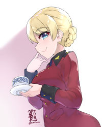 Rule 34 | 1girl, absurdres, artist name, blonde hair, blue eyes, braid, closed mouth, commentary, cup, darjeeling (girls und panzer), dated, epaulettes, from side, girls und panzer, highres, holding, holding cup, holding saucer, jacket, kimi tsuru, long sleeves, looking at viewer, military, military uniform, red jacket, saucer, short hair, signature, smile, solo, st. gloriana&#039;s military uniform, teacup, twin braids, twitter username, uniform, upper body