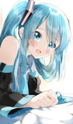 1girl, :d, bangs, bare shoulders, bed sheet, black sleeves, blue eyes, blue hair, blue neckwear, blush, collared shirt, commentary request, detached sleeves, eyebrows visible through hair, eyes visible through hair, grey shirt, hair over one eye, hatsune miku, highres, long hair, long sleeves, looking at viewer, necktie, open mouth, pentagon (railgun ky1206), shirt, sleeveless, sleeveless shirt, smile, solo, twintails, upper body, vocaloid, wide sleeves