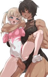 1futa 1girl bare_shoulders black_leotard blonde_hair blue_eyes blush breasts brown_hair censored clothed_sex covered_navel dark-skinned_female dark_skin futa_with_female futanari hands_on_another&#039;s_thighs height_difference highleg highleg_leotard highres kei_(m_k) large_breasts leotard long_hair m_k mosaic_censoring open_mouth original penis red_eyes rika_(m_k) sex sex_from_behind short_hair simple_background size_difference small_breasts standing standing_sex sweat tall tall_female tan tomboy vaginal