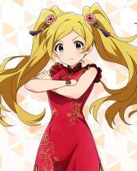 Rule 34 | 1girl, blonde hair, card (medium), china dress, chinese clothes, crossed arms, dress, emily stewart, frown, idolmaster, idolmaster million live!, idolmaster million live! theater days, official art, purple eyes, solo