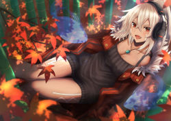 Rule 34 | 1girl, absurdres, autumn, autumn leaves, azur lane, black sweater, body markings, breasts, casual, cleavage, coat, crossed bangs, dark-skinned female, dark skin, earphones, eto mitsuba, fang, from above, fur-trimmed coat, fur trim, ghost, highres, huge filesize, jewelry, leaf, looking at viewer, maple leaf, medium hair, minneapolis (azur lane), necklace, open mouth, red coat, red eyes, solo, sweater