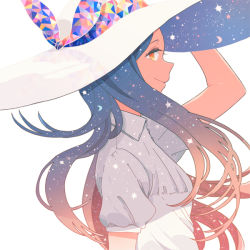 Rule 34 | 1girl, brown hair, closed mouth, collared shirt, commentary, from side, hat, hat ribbon, kurokeisin, long hair, looking at viewer, orange eyes, original, profile, puffy short sleeves, puffy sleeves, ribbon, shirt, short sleeves, sideways glance, simple background, sky, smile, solo, star (sky), starry sky, upper body, white background, white shirt