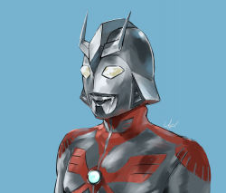 Rule 34 | 1boy, absurdres, alien, blue background, char aznable, crossover, fusion, gundam, highres, looking up, mobile suit gundam, no humans, science fiction, tokusatsu, ultra series, ultraman, ultraman (1st series), umeno ryuuji, v-fin, yellow eyes