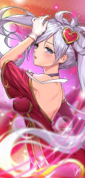 Rule 34 | 1girl, artist name, backless outfit, bad id, bad pixiv id, bare shoulders, blush, breasts, choker, dduck kong, gloves, grey eyes, highres, large breasts, league of legends, lips, long hair, looking at viewer, parted lips, signature, silver hair, sona (league of legends), sweetheart sona, twintails, white gloves